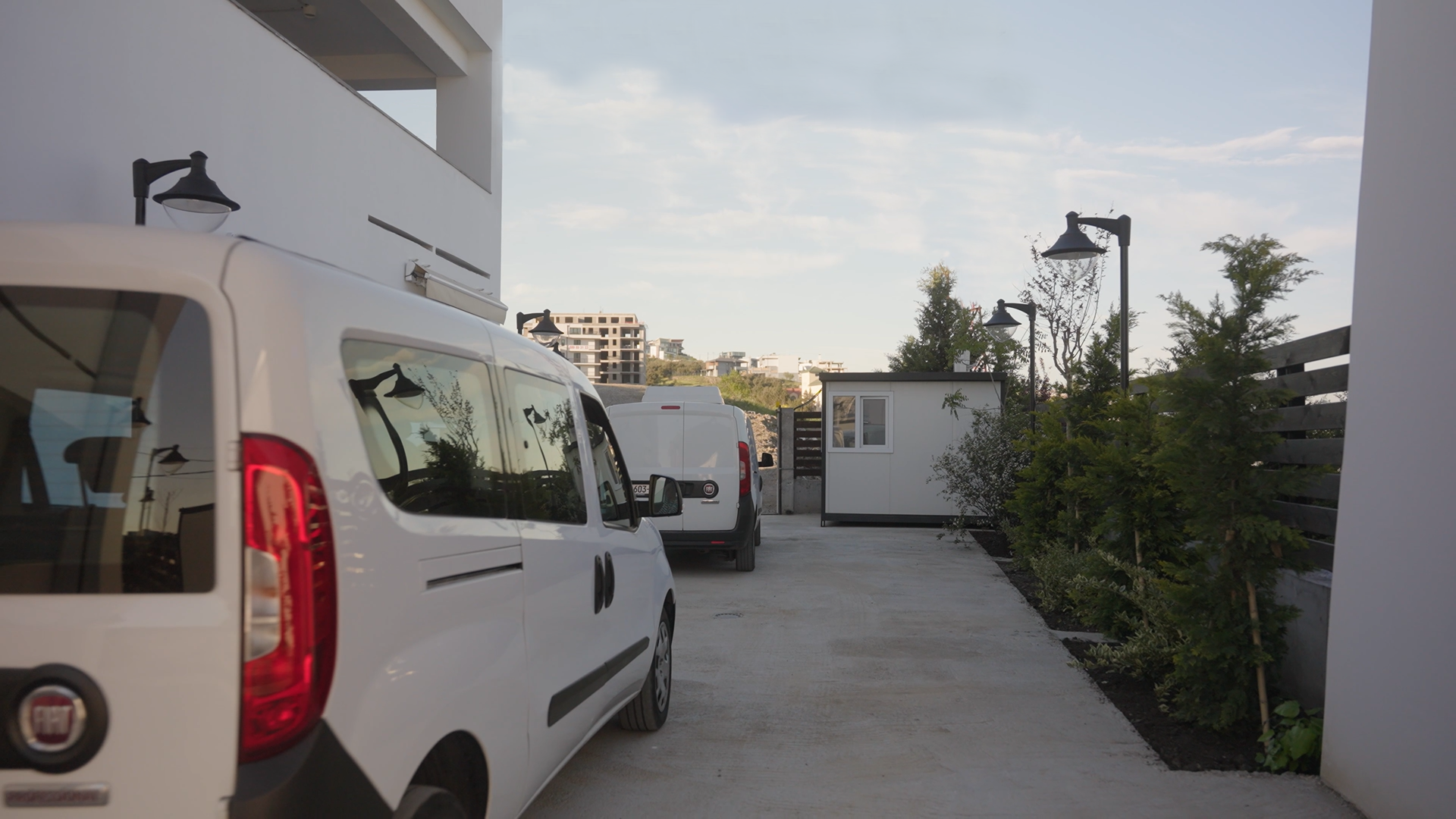 Medical facility exterior with vans